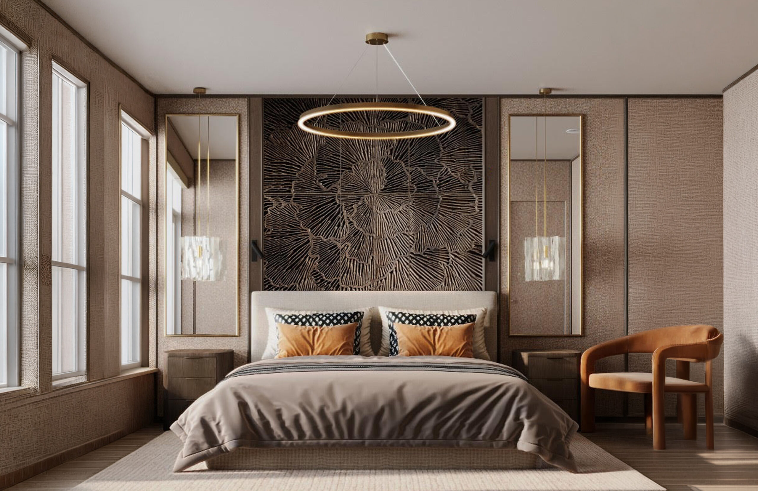 Whispers solid oak panels creating a decorative feature wall behind the bed